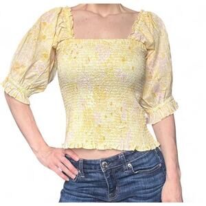 Billabong NWT Womens Yellow Floral Cotton Puff Shoulder Ruched Bodice Top Size L